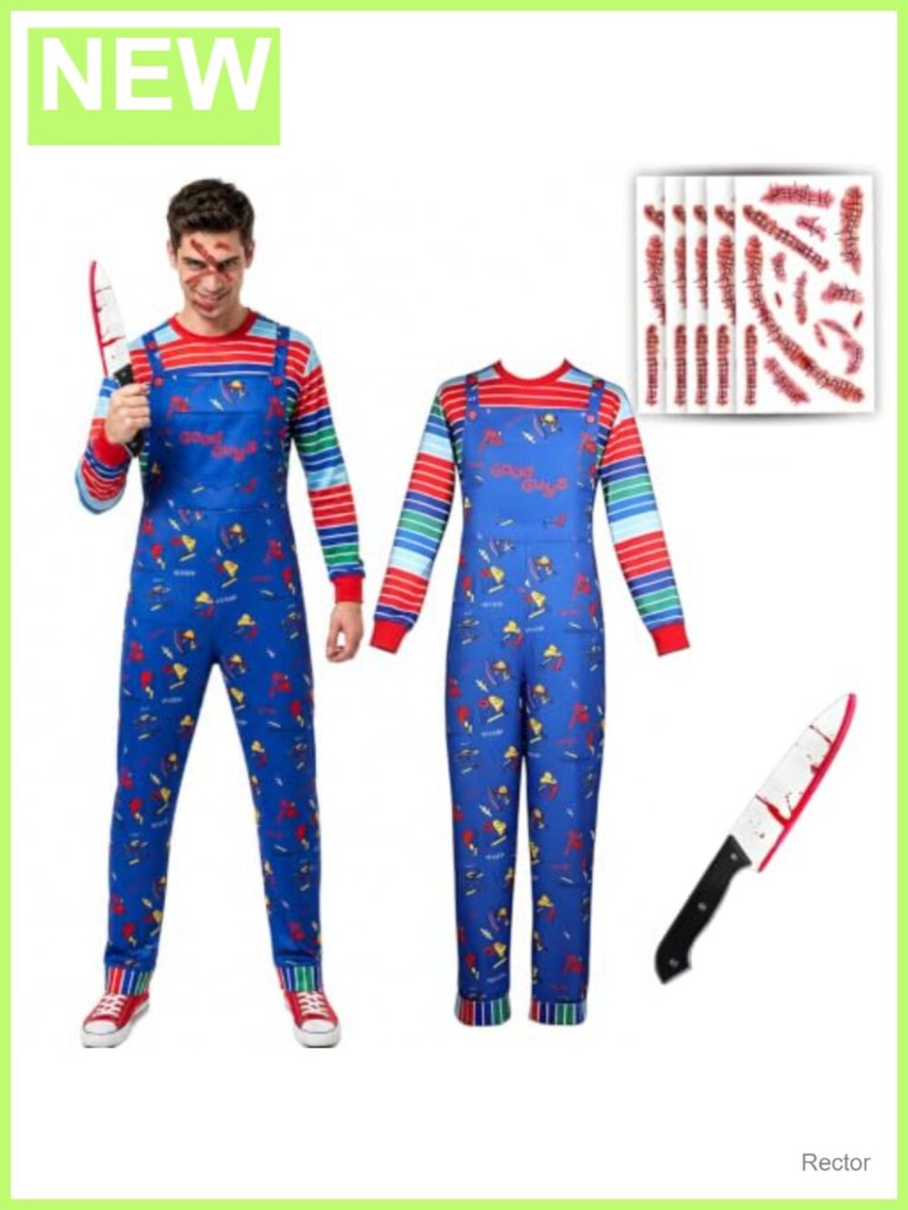 Men's Halloween Costume Set Overalls Shirt Tattoo Stickers Prop Knife